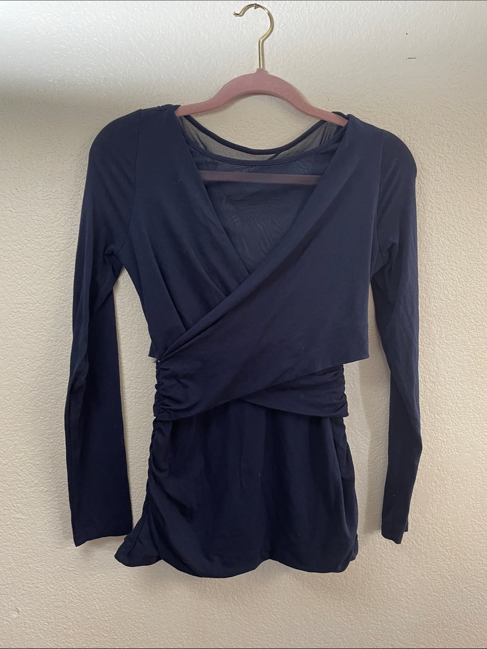 White House Black Market Navy Wrap Ruched sheer quiet luxury Top 18x26 s